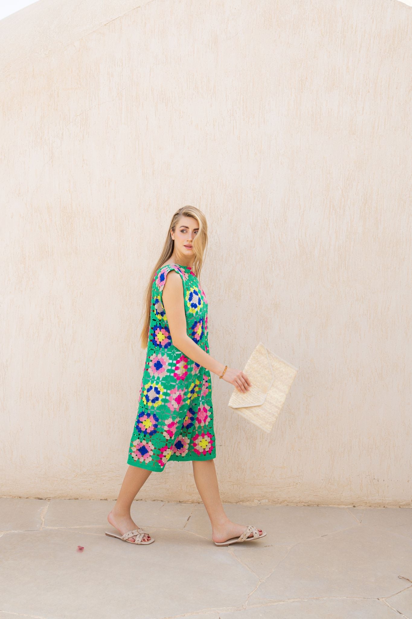 green x fushia crochet dress