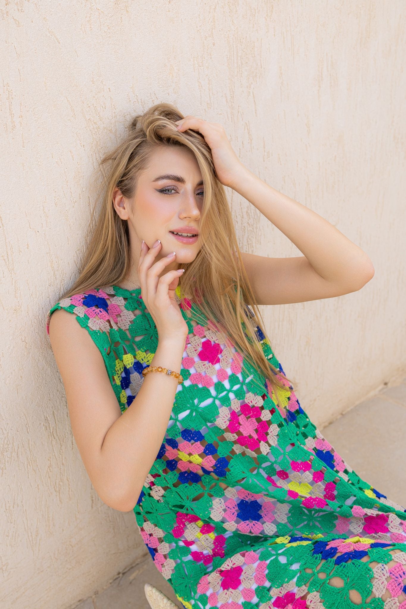 green x fushia crochet dress