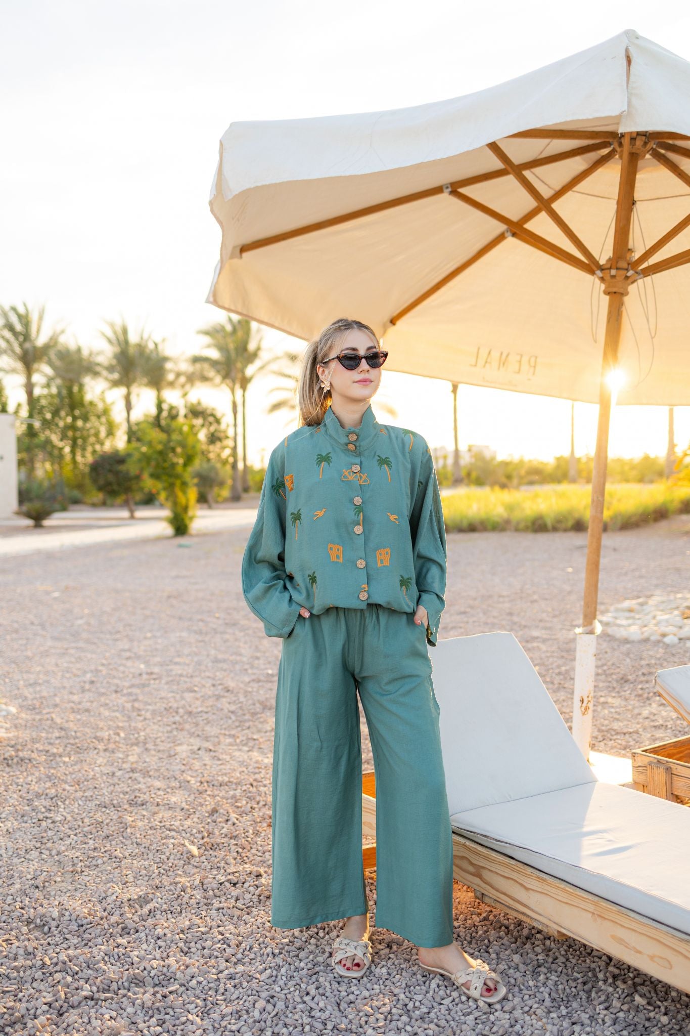 dark mint linen oversized embrodiery set