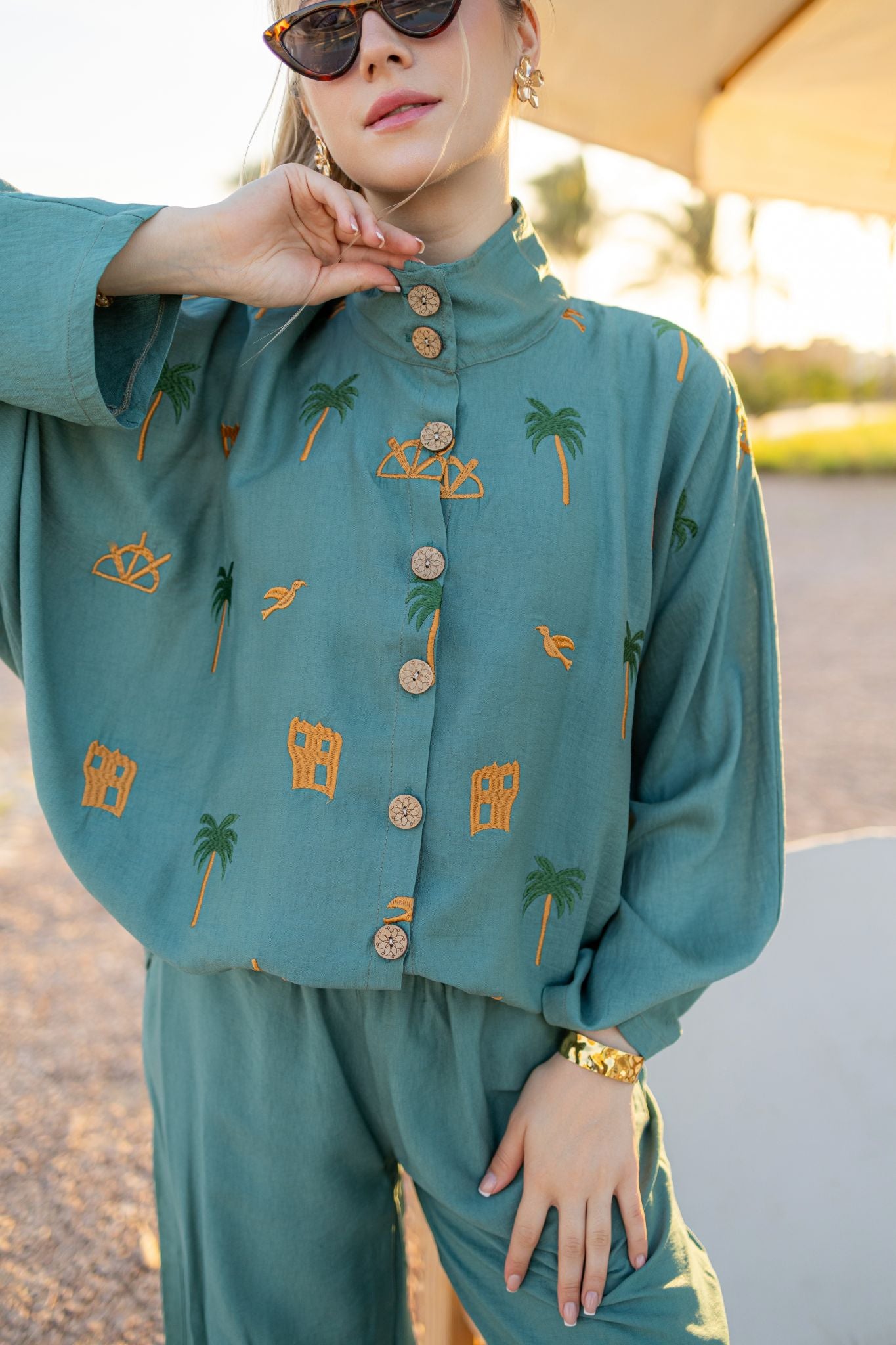 dark mint linen oversized embrodiery set