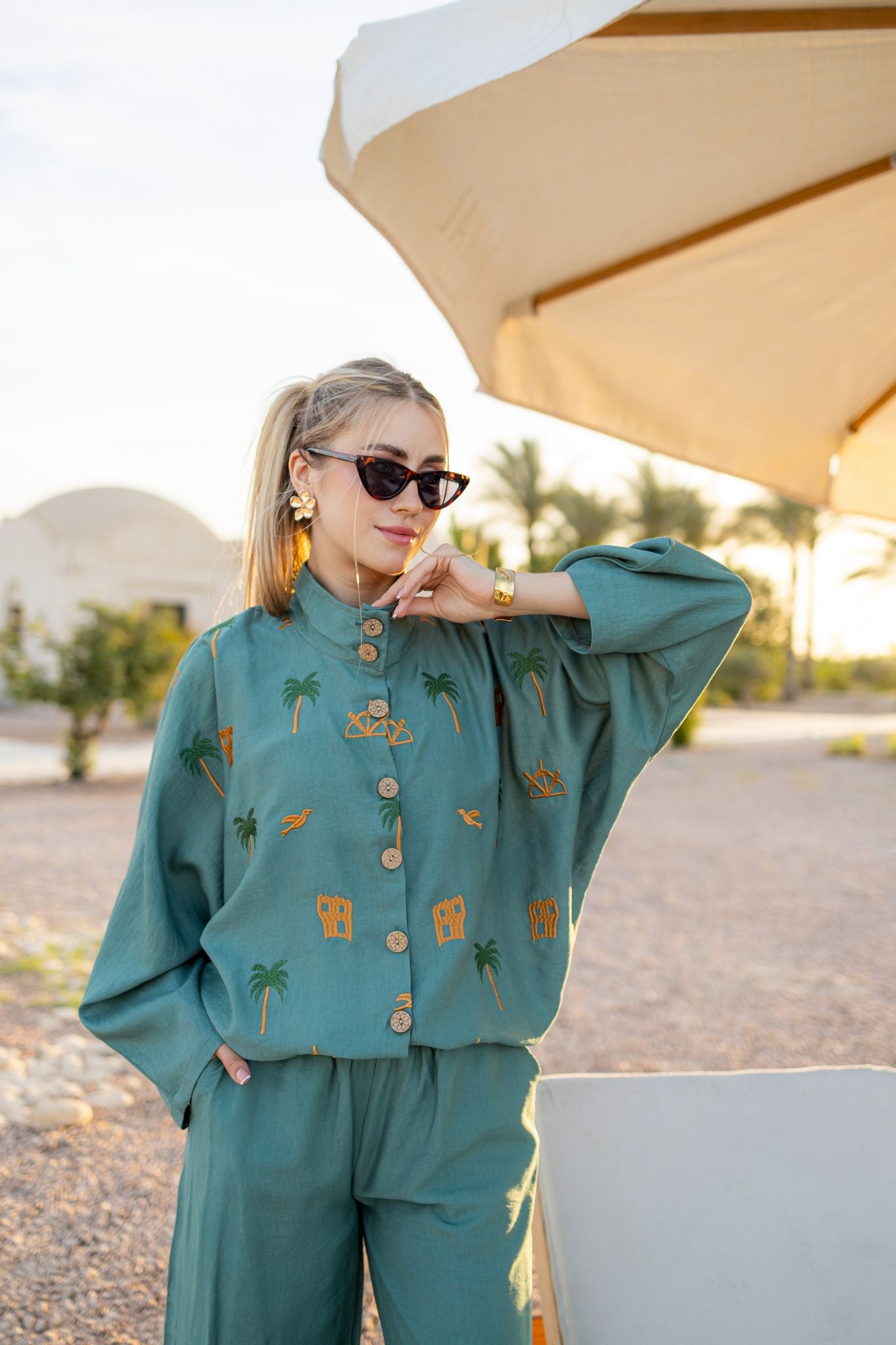 dark mint linen oversized embrodiery set