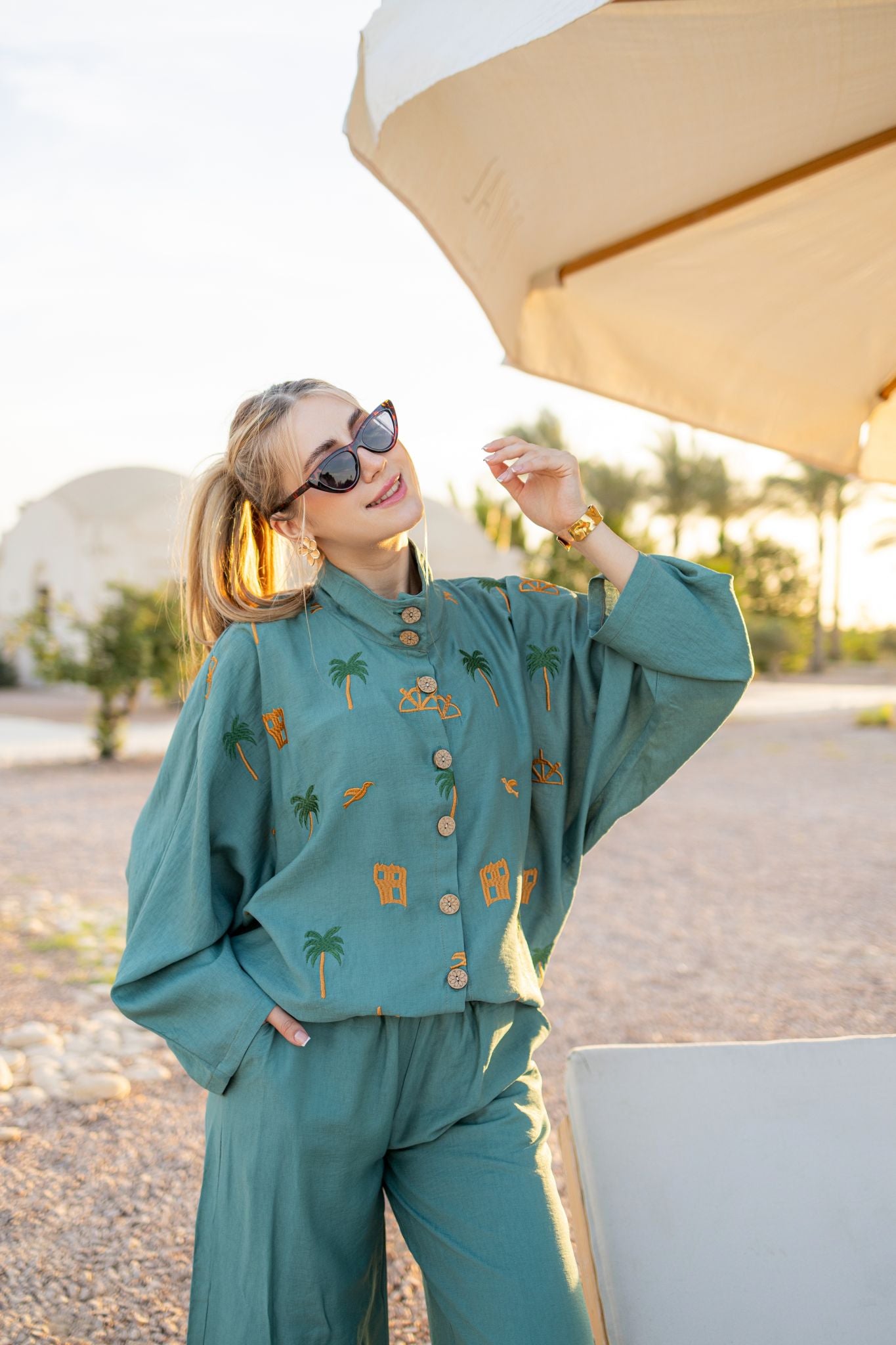 dark mint linen oversized embrodiery set