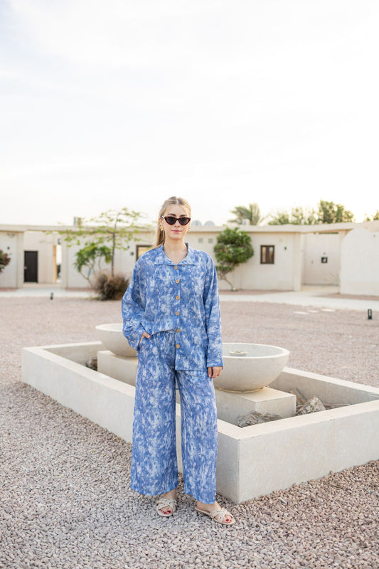 linen oversized set with denim pattern