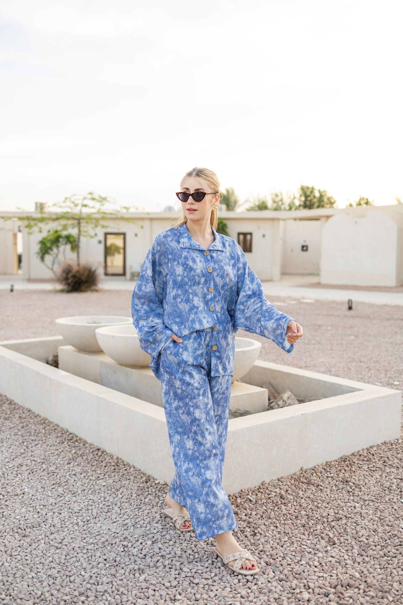 linen oversized set with denim pattern