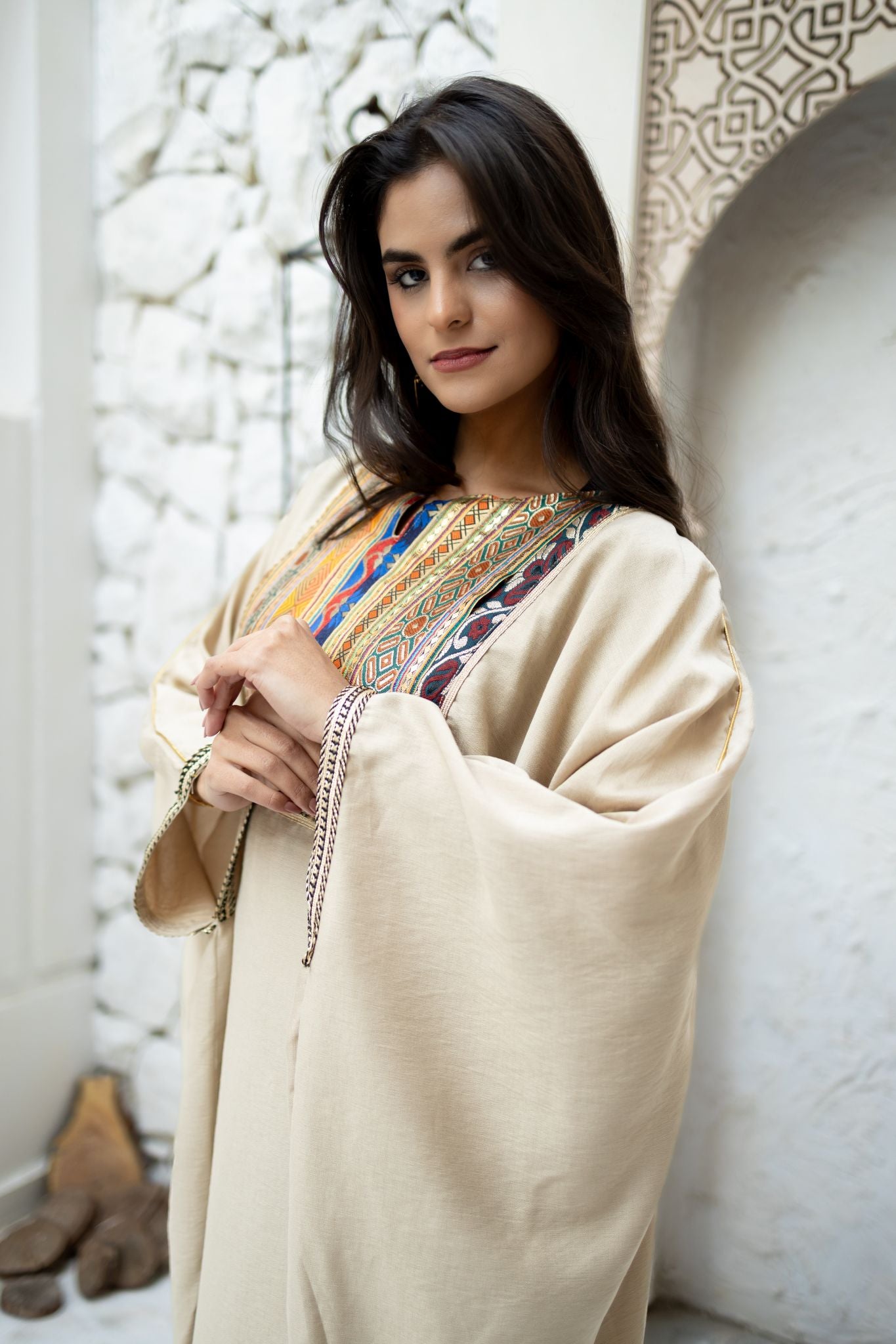 beige wide dress with inner belt