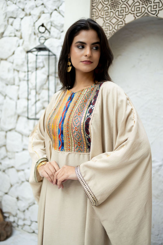 beige wide dress with inner belt