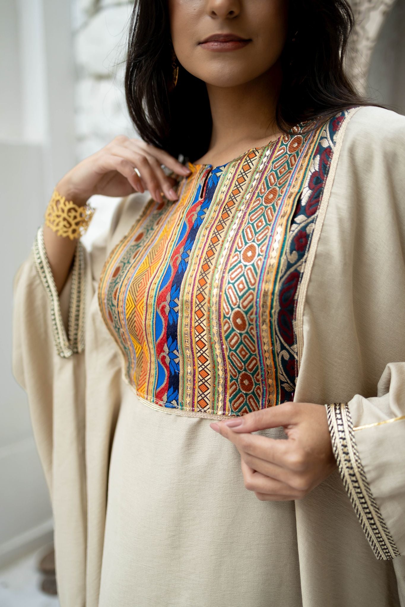 beige wide dress with inner belt