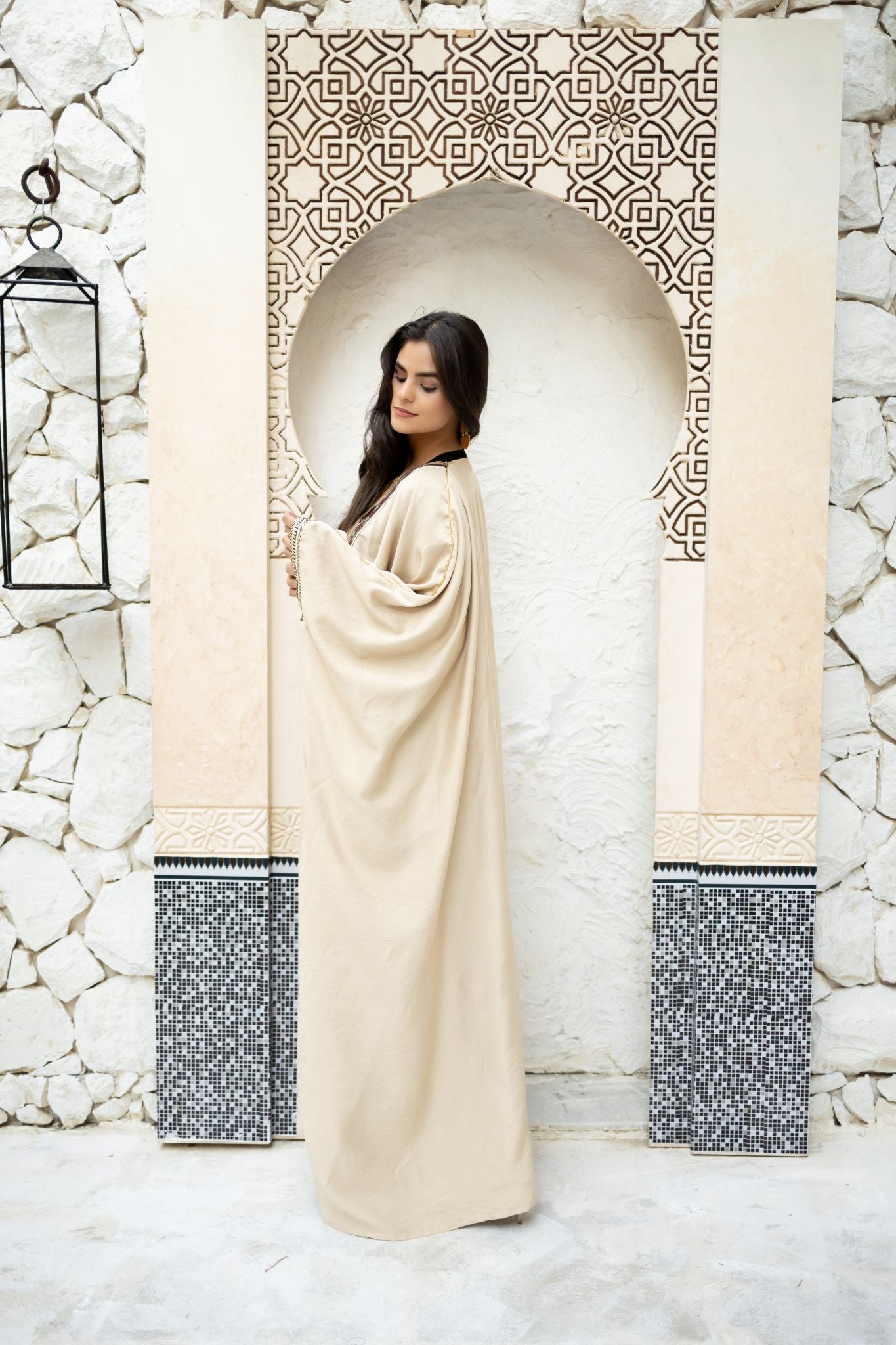 beige wide dress with inner belt