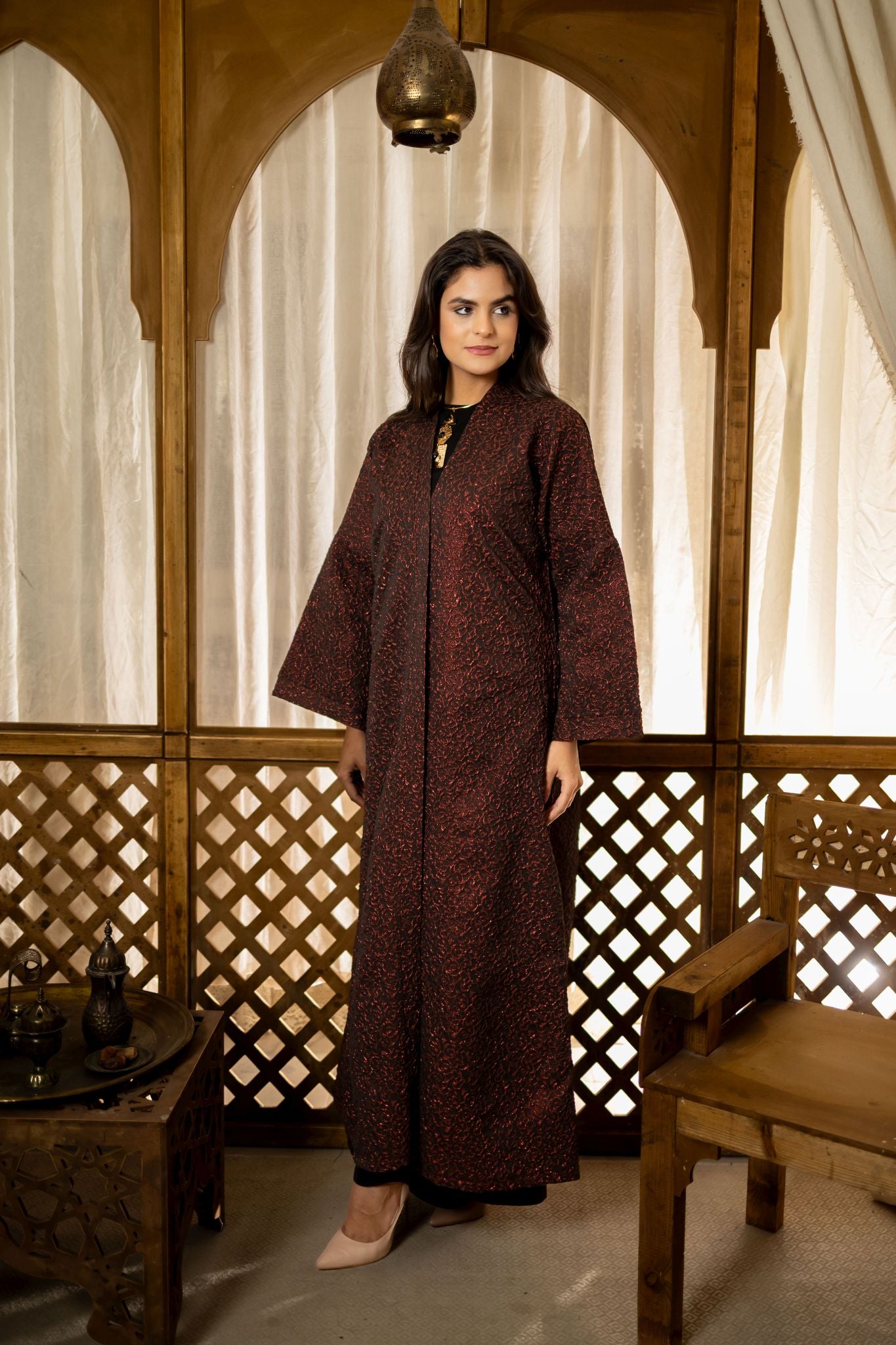 dark red brocade kimono