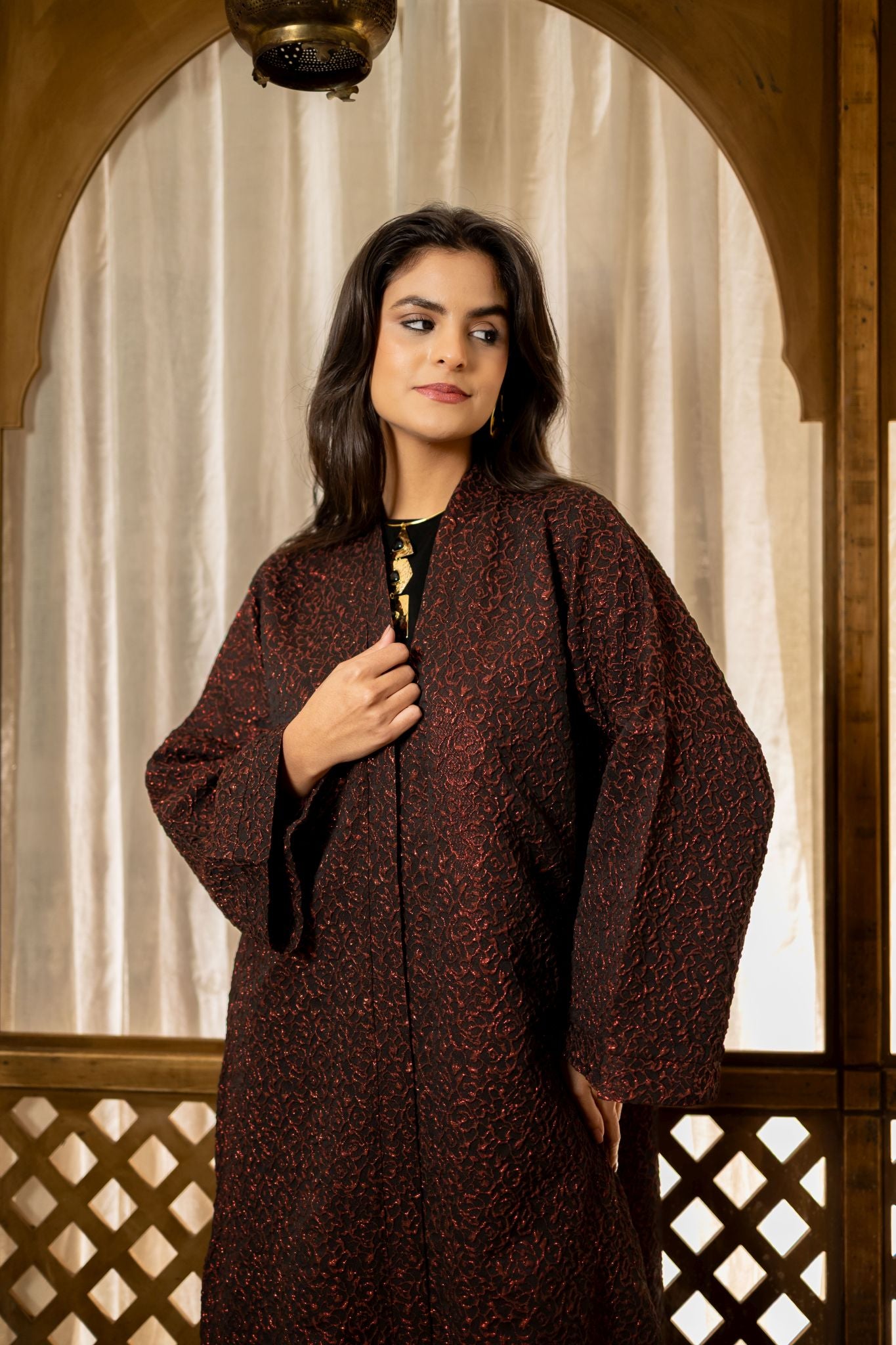 dark red brocade kimono