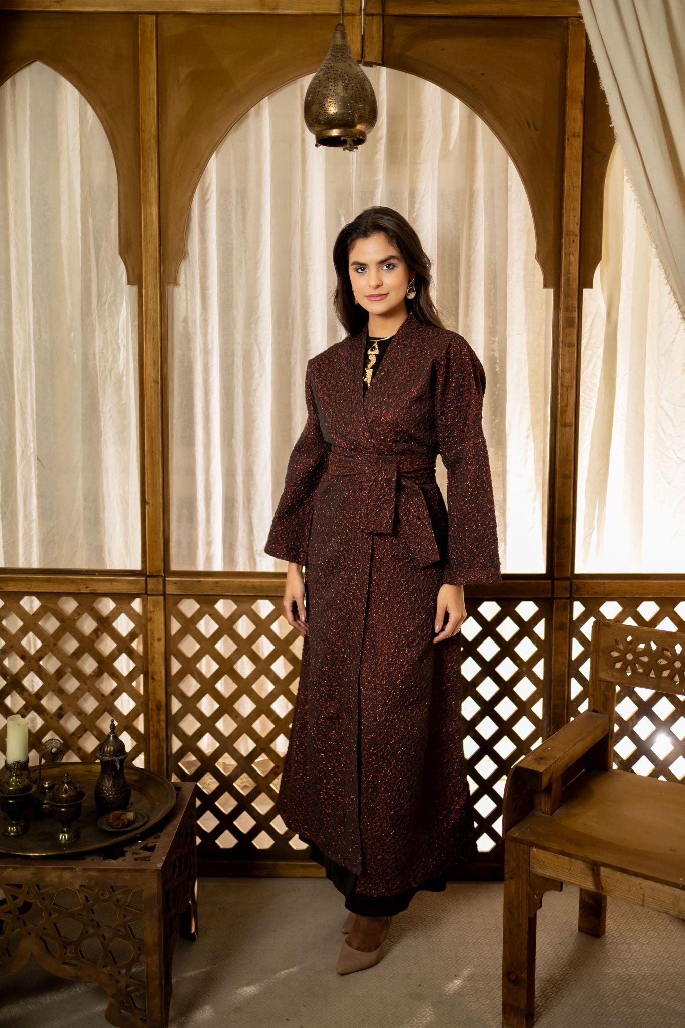 dark red brocade kimono