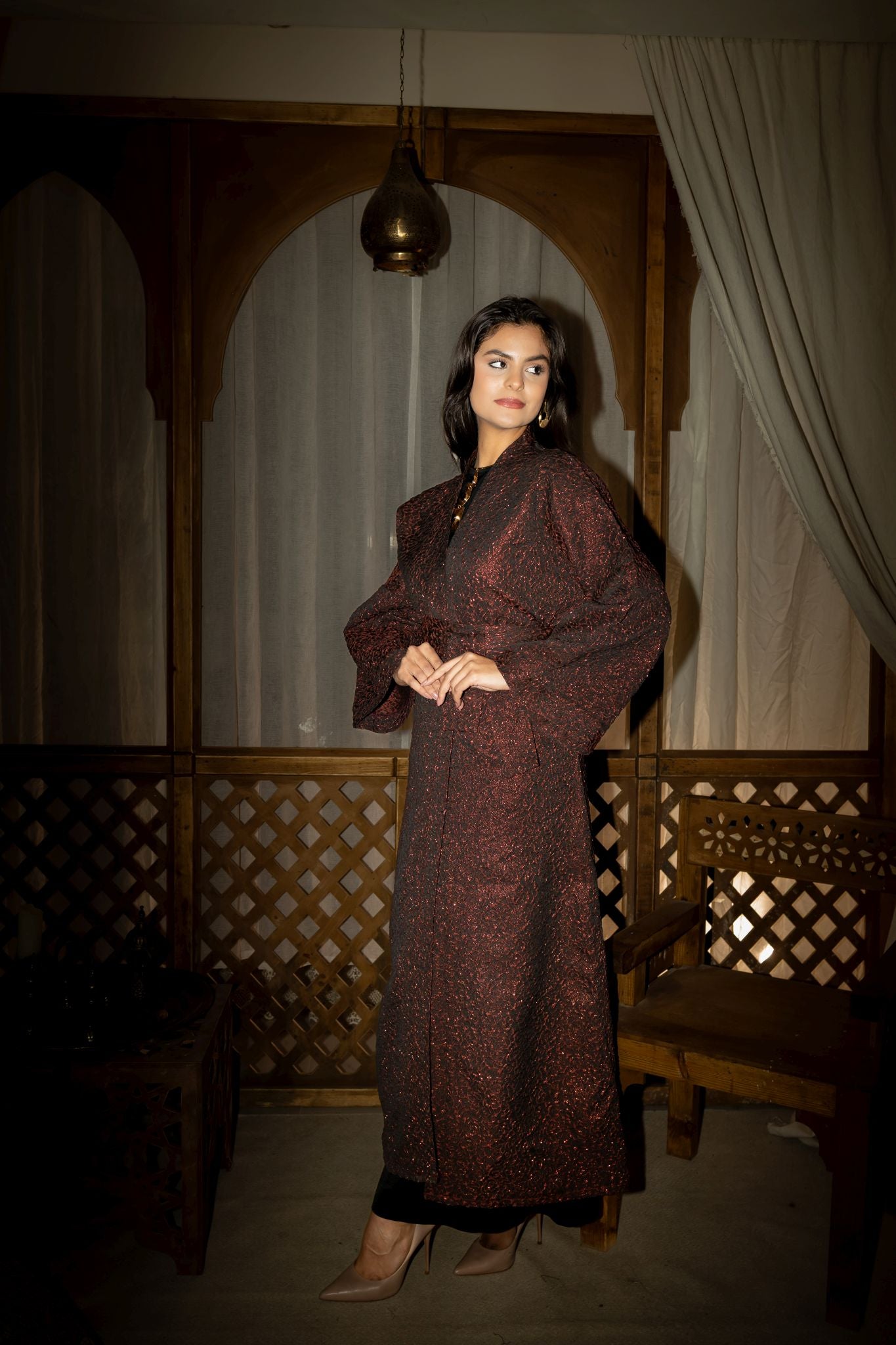 dark red brocade kimono