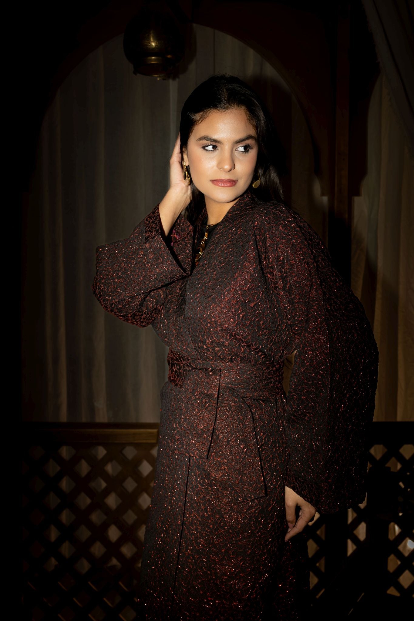 dark red brocade kimono