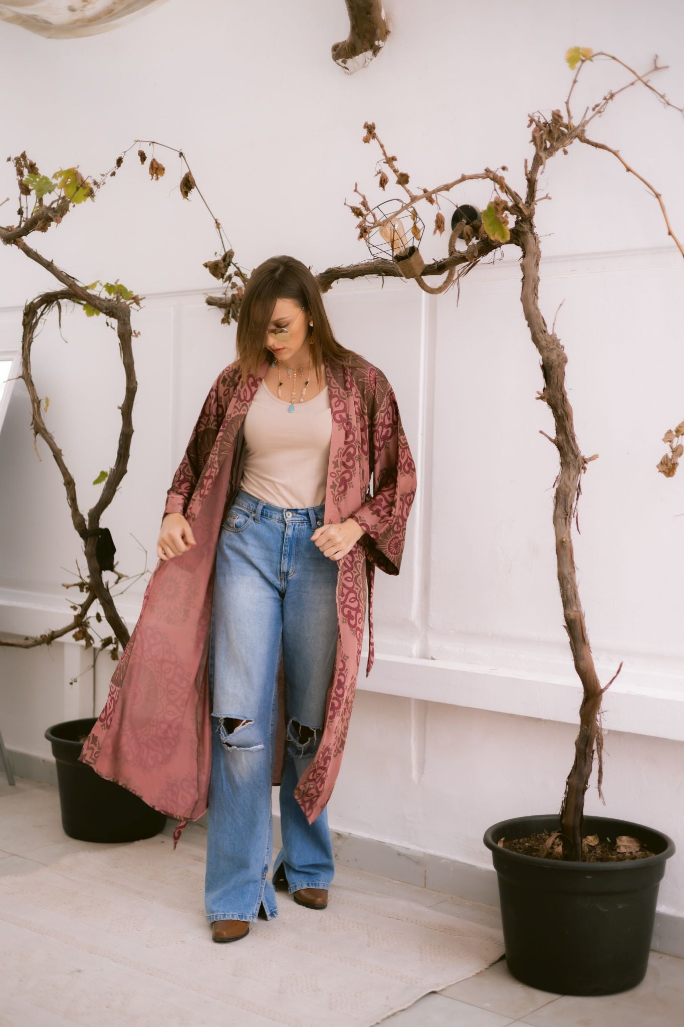 Boho dark pink kimono
