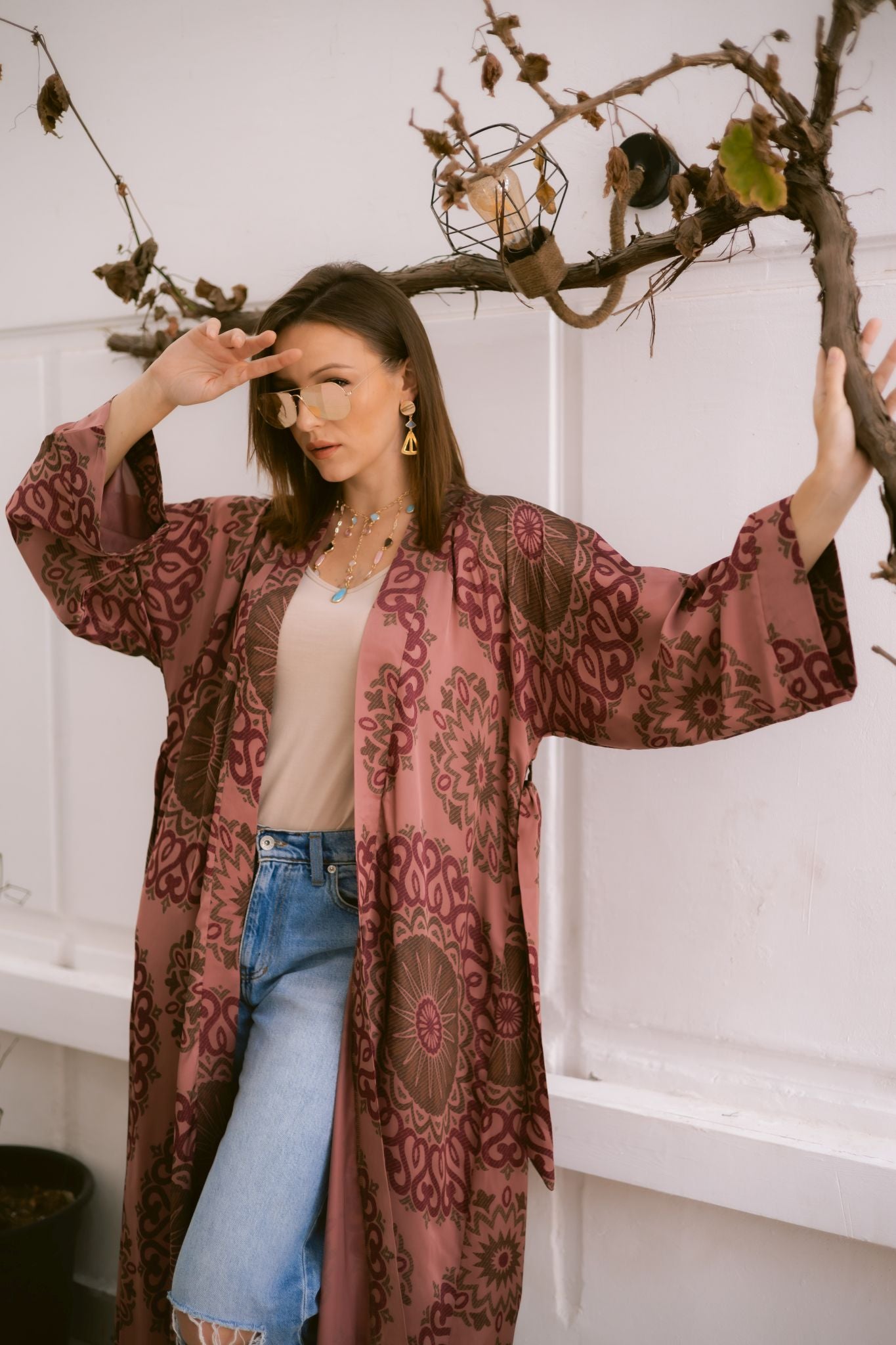 Boho dark pink kimono