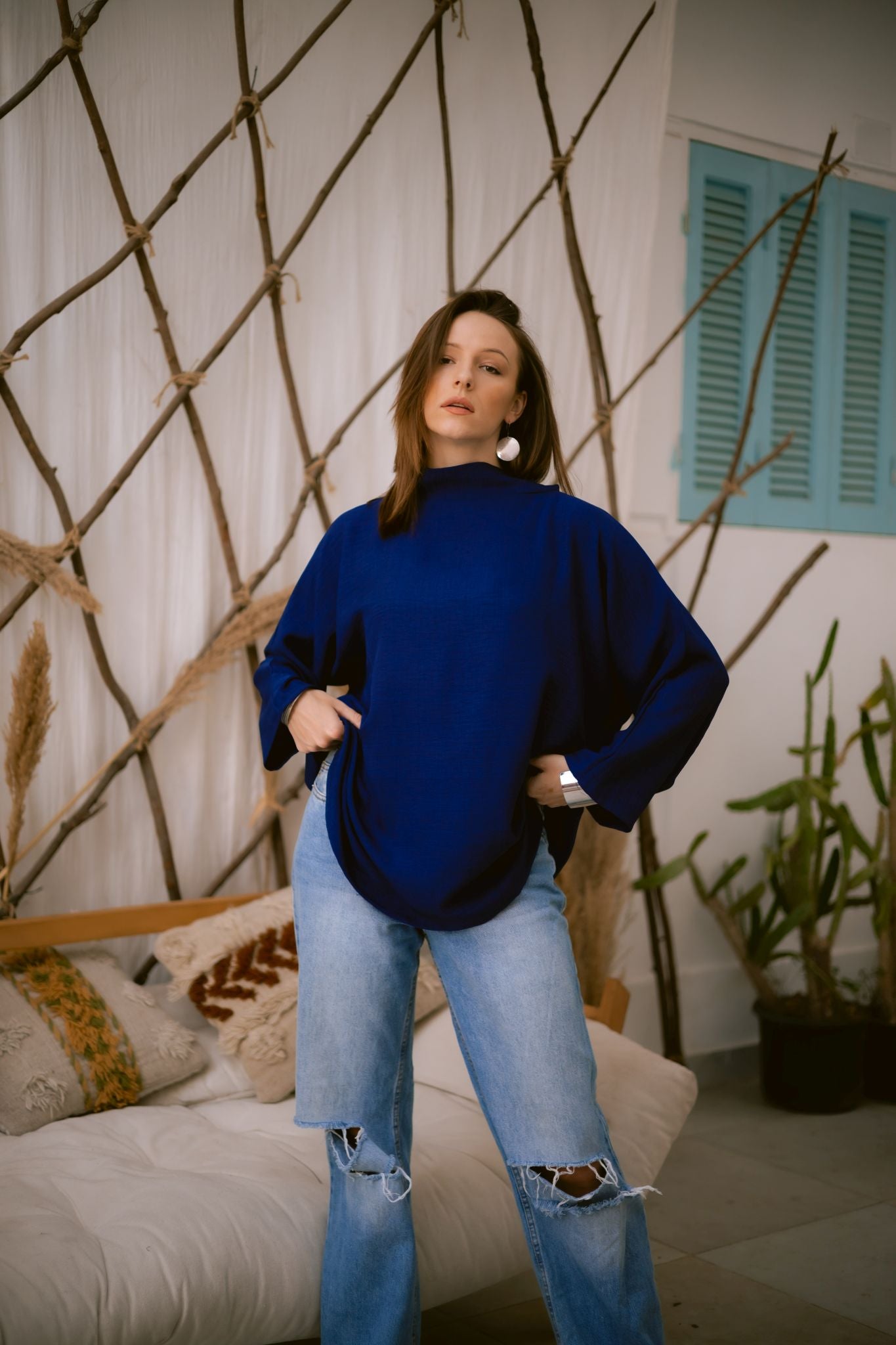 blue linen blouse