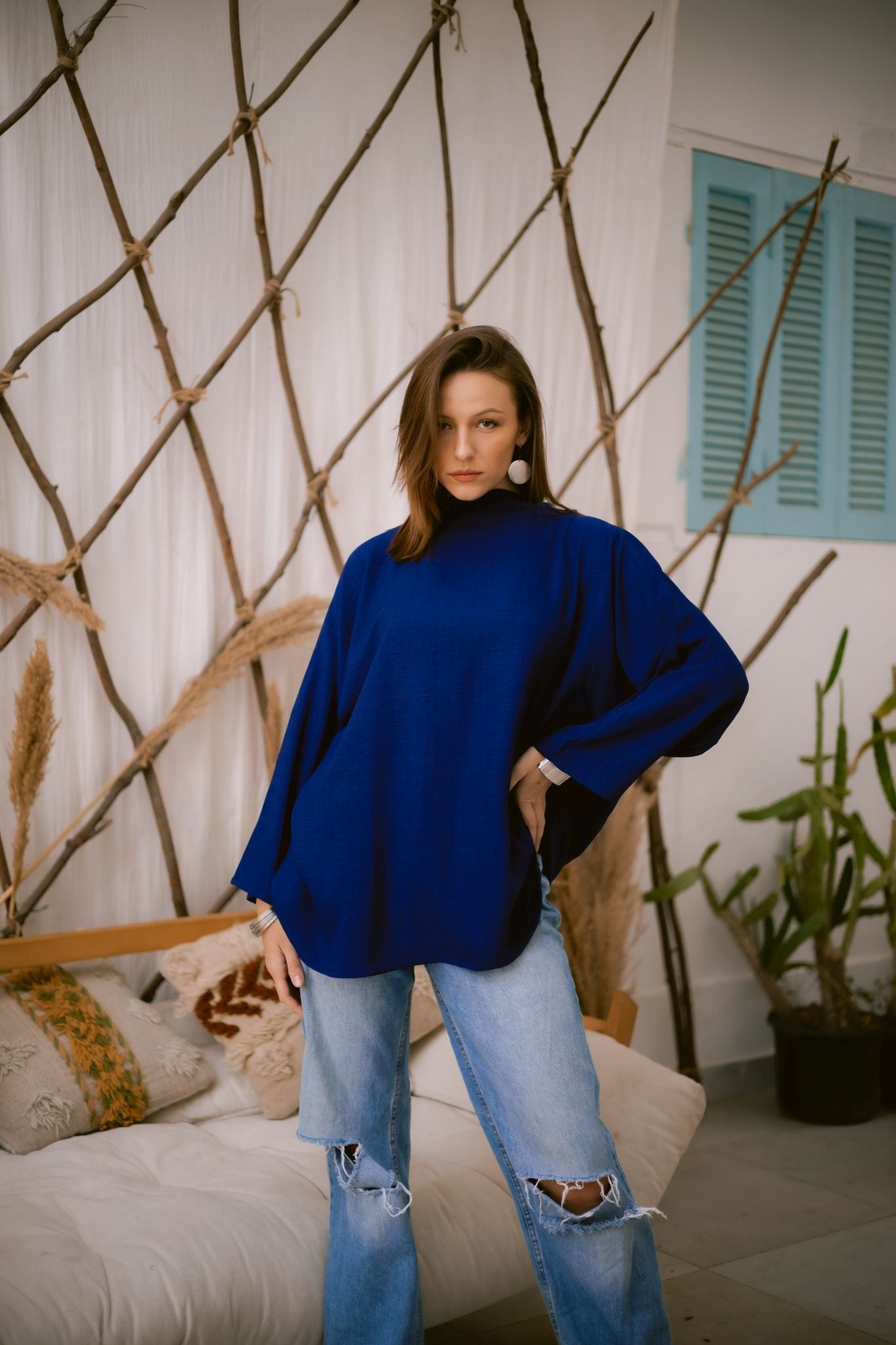 blue linen blouse