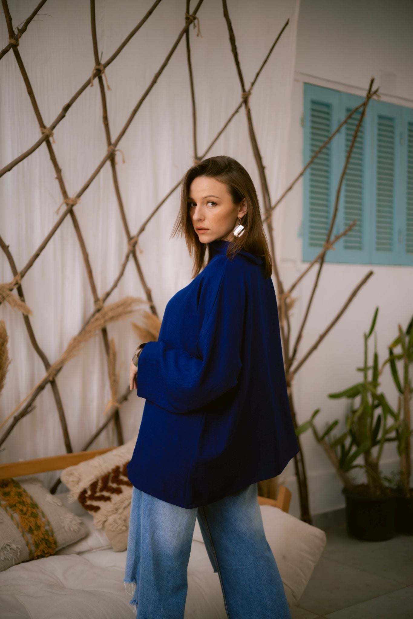 blue linen blouse