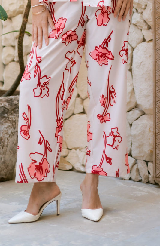 red x white floral pants