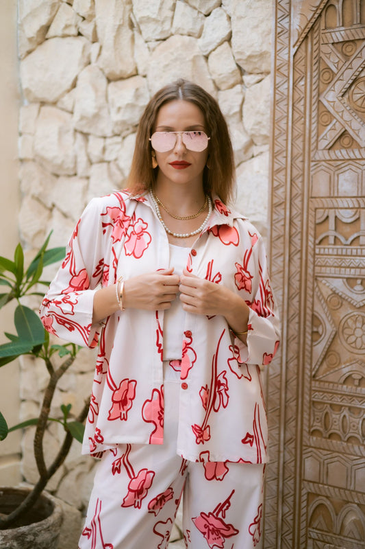 red x white floral shirt