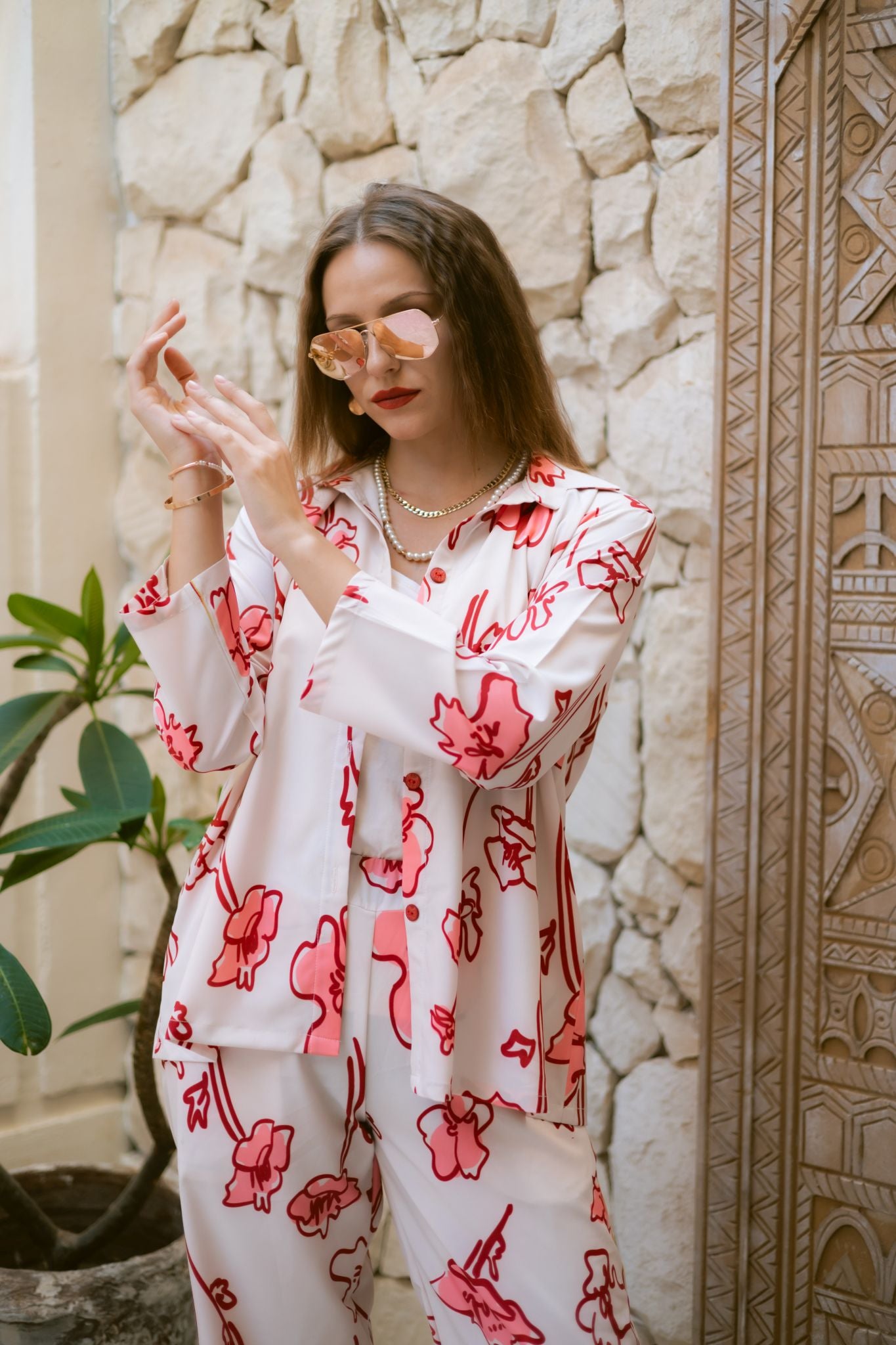 red x white floral shirt