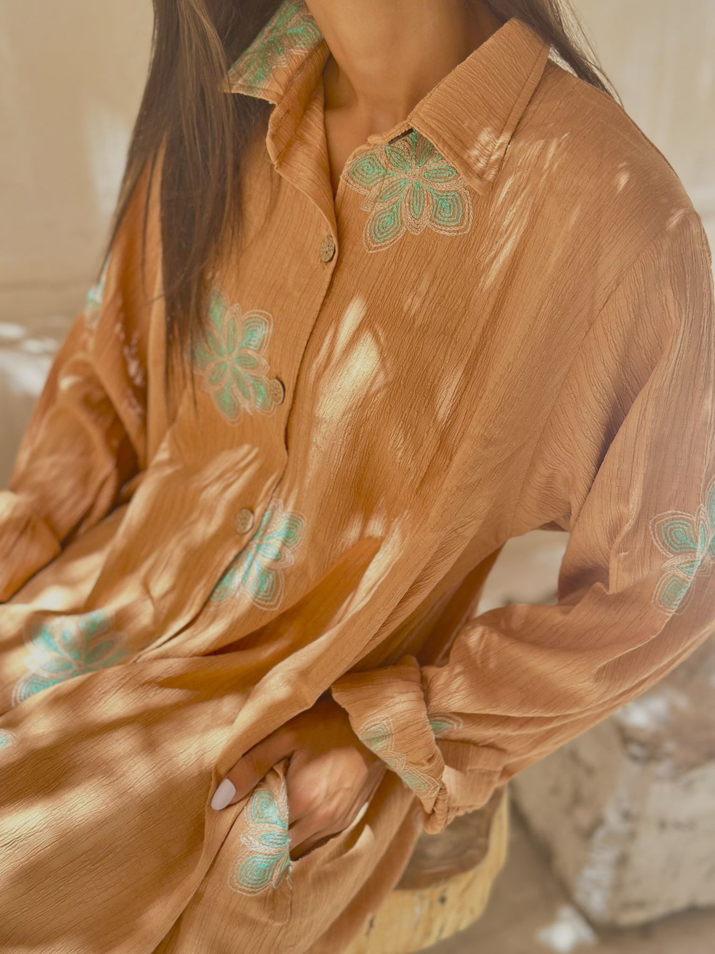 light brown embroidered dress