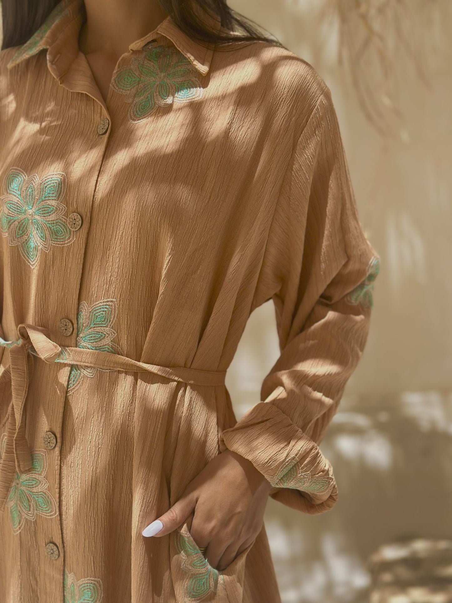 light brown embroidered dress