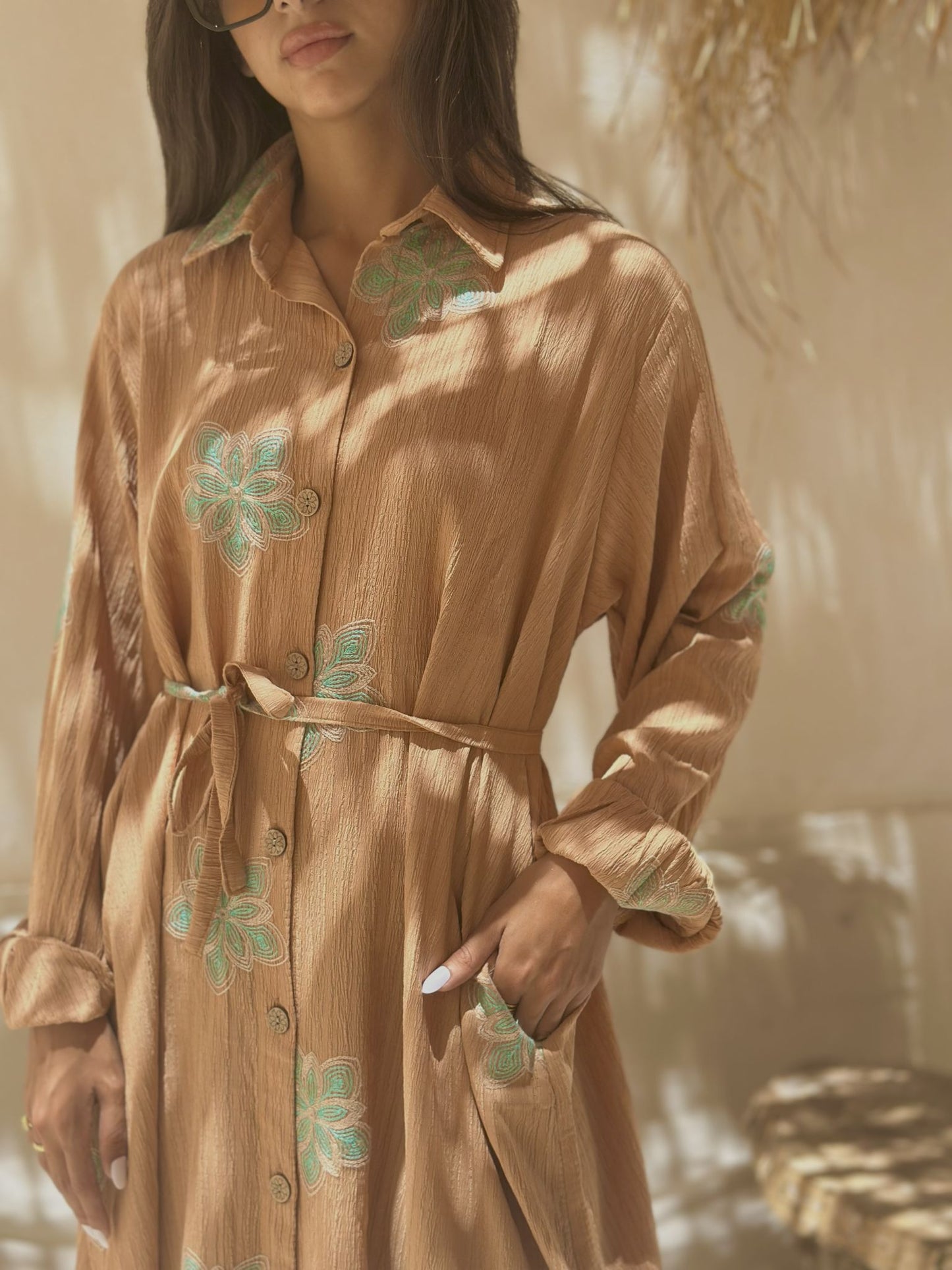 light brown embroidered dress